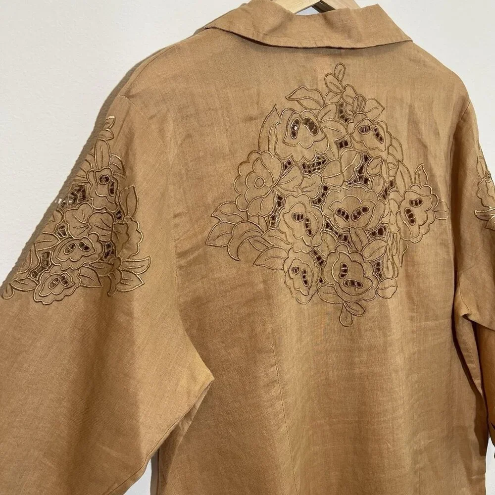Natural Collection Women's linen Shirt size Large V Neck 3/4 Sleeves Embroidery - Picture 5 of 11
